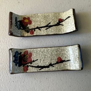 Japanese Hashioki Ceramic Pottery Floral Chopsticks Rest Plates Set of 2